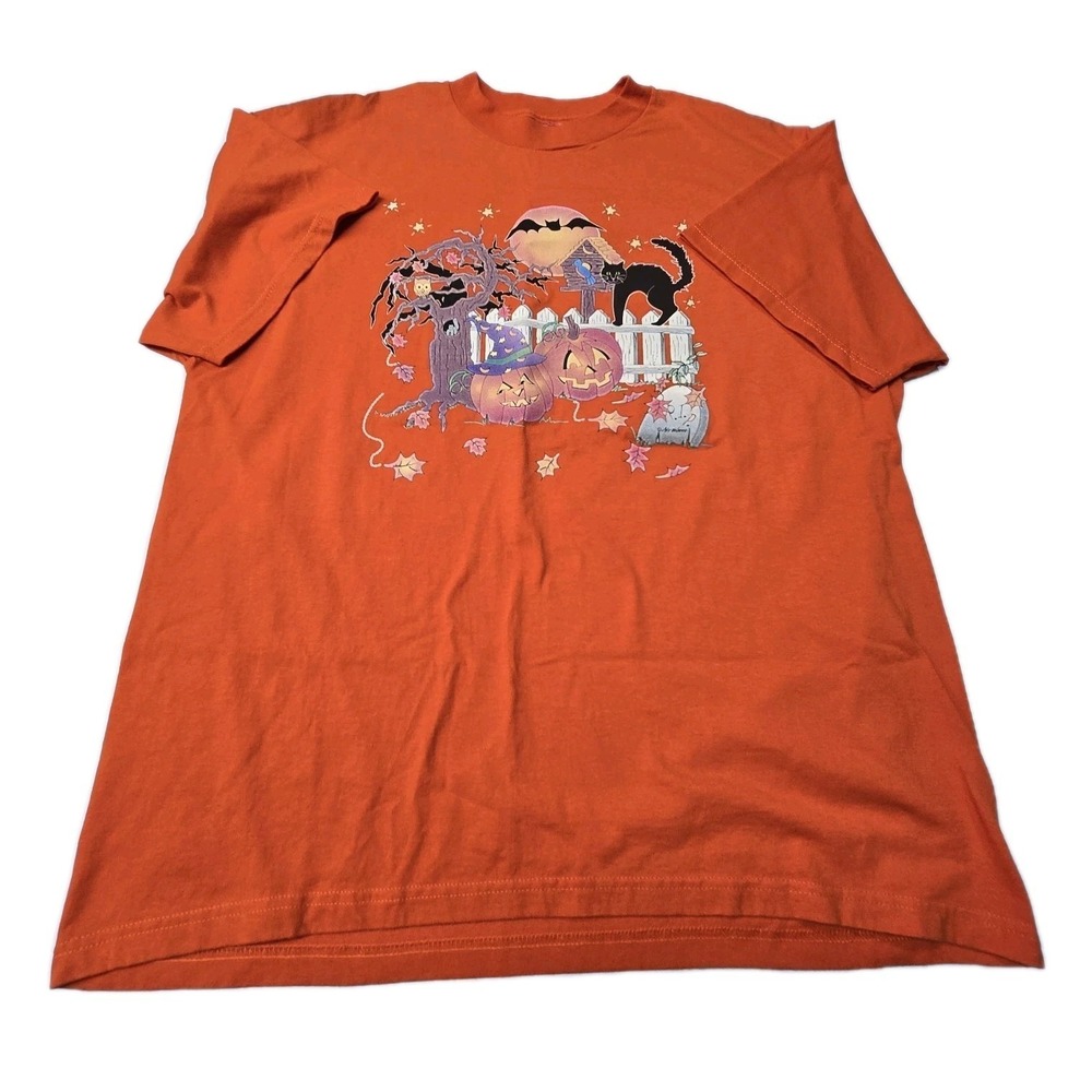 Vintage 90s Y2K Air Waves Halloween T-Shirt Womens LG? Orange Short Sleeve Cat